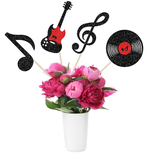 12 PCS Music Notes Centerpiece Sticks Guitar Rock Table Flower Centerpieces Sticks Vinyl Record Floral Decorations for Retro Rock and Roll Music Theme Baby Shower Birthday Party Centerpieces Supplies