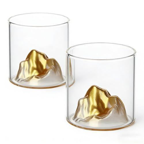 RYHMHA Fujiyama - Set di 2 bicchieri di cristallo giapponesi per whisky, cognac, scotch, cocktail, rum, birra (Golden Mountain)