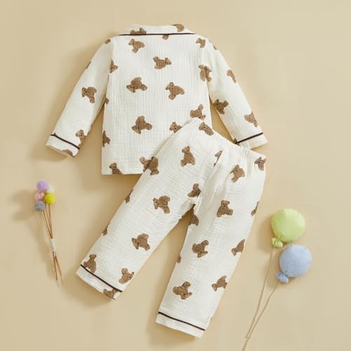 fyclemt Toddler Baby Girl Boy Halloween Pajamas Pumpkin Cotton Linen Long Sleeve Button Down Shirt Top Pants Kids Sleepwear Pjs Set (Apricot Bear Print, 2-3 Years)