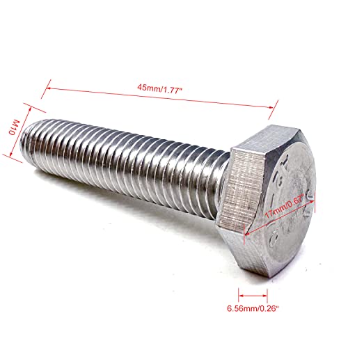 Image of M10 Hex Bolt, M10-1.5 x 45mm Hex Head Screw Bolts, 304 Stainless Steel, Fully Threaded, Plain Finish, Hex Tap Bolts 5Pcs (M10x45mm)