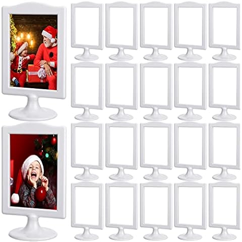 20 Pieces Double Sided Standing Picture Frames White Pedestal Photo Frame 4 x 6 Inch Plastic Self Standing Frame Each Frame Holds 2 Pictures Tabletop Vertical Display Frame for Wedding Table Bridal Cover