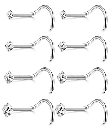 Vitaltyextracts Nose Stud Corkscrew Nose Rings 20G Hypoallergenic Surgical Steel Nose Ring Fake Nose Piercing Kit Cubic Zirconia Clear Nose Studs cover