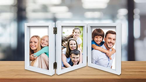 Lazykitty 3 Picture Frame 4X6 White - Reinforced Mdf, Real Glass Faces, Stainless Steel Hinged, Multi-Angle Foldable, Standing On Tabletops #TOP6
