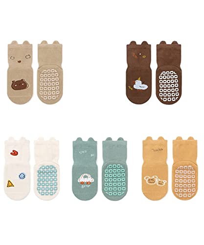 Bycc Bynn 5 pares de meias antiderrapantes para bebês meias de algodão sem patins animais (1-3 anos,