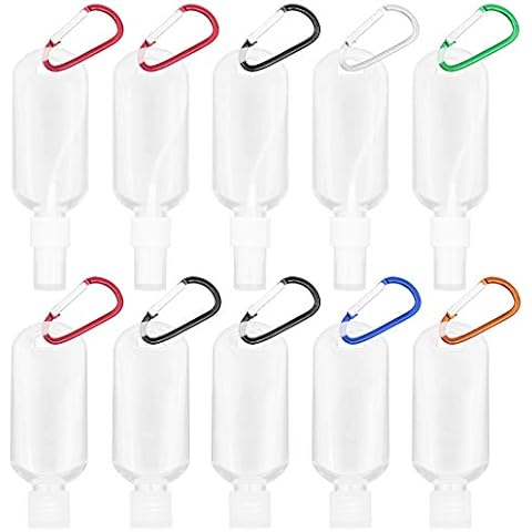 10 Pack 50ml Refillable Plastic Travel Bottles with Keychain Clip Carabiner,Flip Top Caps Clear Empty Bottles and Spray Bottle Cover