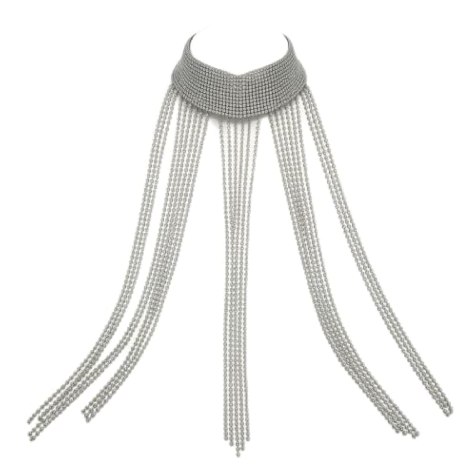 Women's Rhinestone Fringe Choker Necklace, Silver
