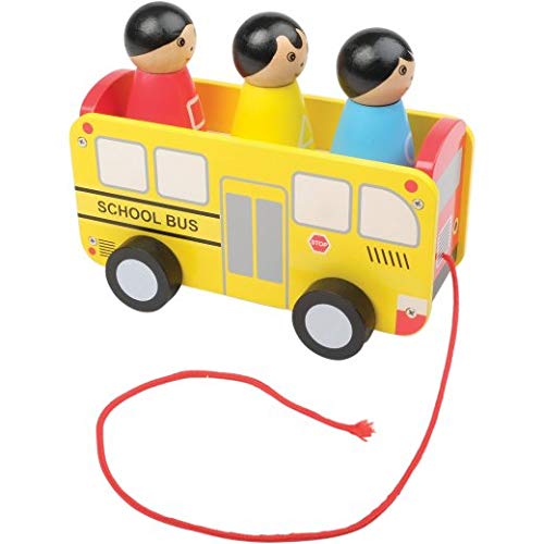Constructive Playthings 7.8" x 4" x 6" Wooden Pull Along School Bus with 3 Shape Matching Riders for Ages 2 Years and Up