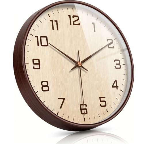 Image of ginoya brothers 12 Inch Silent Non-Ticking Silent Wall Clock, Modern Round Analog & Digital Display (Temp /Calendar) Decorative Clock, Easy to Read for Home, Living Room, Office (Cream-Brown Analog)