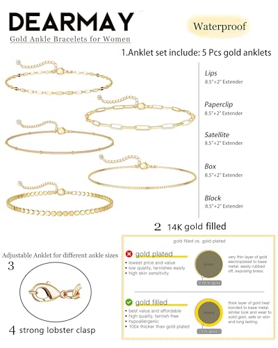 Image of DEARMAY Gold Ankle Bracelets for Women Waterproof, Non Tarnish 14K Gold Plated Beaded Link Chain Anklets, Layered Summer Beach Jewelry Gifts, Dainty Bikini Outfits for Vacation