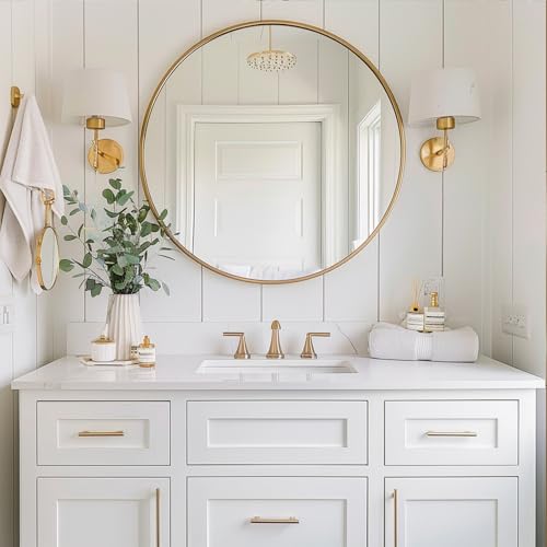 Image of Sunniry Gold Circle Mirror, Round Mirror 22 inch, Gold Wall Mirrors Brushed Metal Frame, Circle Mirrors for Bathroom, Bedroom, Living Room, Entryway.