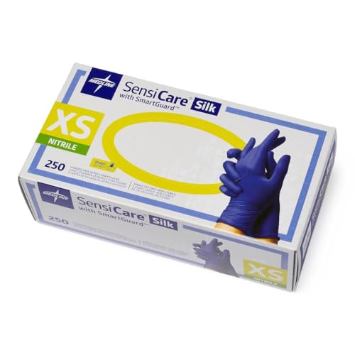 Medline SensiCare Silk Nitrile Exam Gloves, Disposable Gloves with Smartguard Film, X-Small, Blue (Pack of 250)