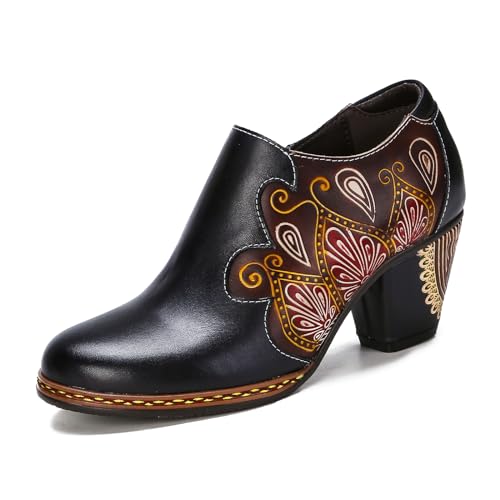 Superladystar's Women's Leather Zipper Pumps, Mid-Heels, Color Painted, Hand-Embossed, Rock Style, Dance Shoes