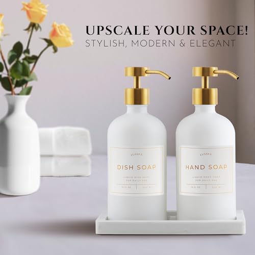 Glass Soap Dispenser Set of 2 (White) with Silicone Tray | Hand and Dish Soap Dispenser for Kitchen and Bathroom | 16.8 Oz Glass Bottles with Stainless Steel Pump & 15 Waterproof Labels (White/Gold) - image 2