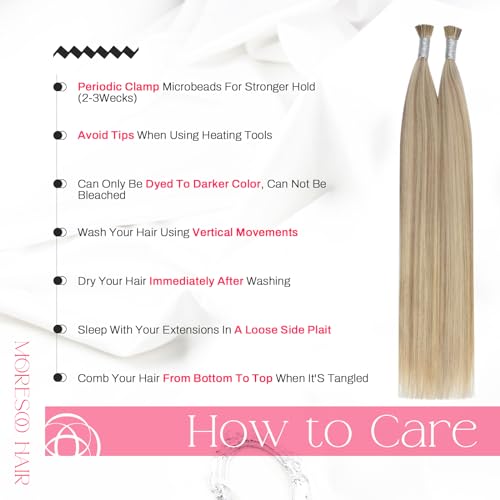 Image of Moresoo I Tip Hair Extensions Human Hair, Golden Ash Blonde, 14 Inch | 40g 50 strands, lightweight wear, golden ash blend, fine hair, natural fullness, reusable I tip installation