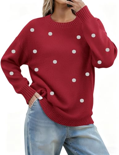 Zeagoo Fall Sweaters for Women 2025 Long Sleeve Crewneck Ribbed Knit Pullover Sweater Loose Fit Basic Dots Tops M