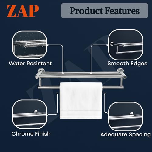 Image of ZAP 304 Grade Stainless Steel Towel Rack | Wall Mounted Towel Holder for Bathroom & Kitchen | Chrome Plated Napkin Hanger | Anti-Rust Towel Bar | Bathroom Rack Shelf | Durable & Elegant Design