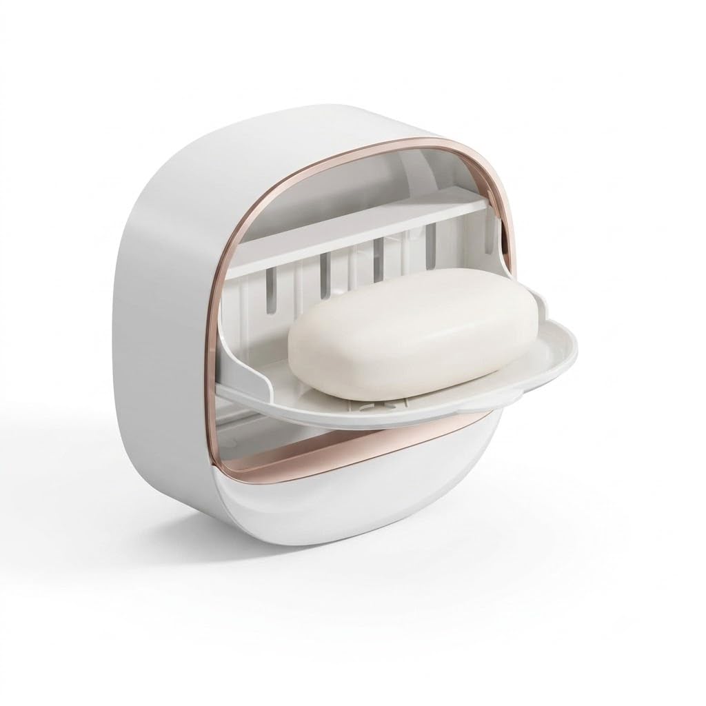 Wall Mounted Soap Holder with Lid | Self Draining Soap Case | No Drill Self Adhesive Soap Dish for Bathroom, Kitchen & Wash Basin | Waterproof Soap Storage Box with Drain Tray-image-8
