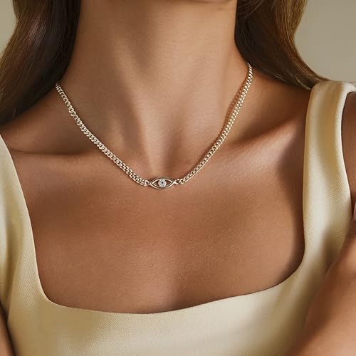 Evil Eye Necklace for Women, 14K Gold Plated Protection Evil Eye Pendant Necklace Lucky Blue Eye Necklace for Women, Boho Tiny Evil Eye Lucky Protection Jewelry Gift2