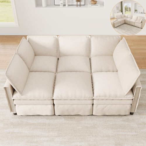 Kebnor Sofá modular XXL con función de descanso, combinable libremente como U o L, con taburete móvil, doble asiento, diseño de ribete, sofá de chenilla para sala de estar y oficina, color beige