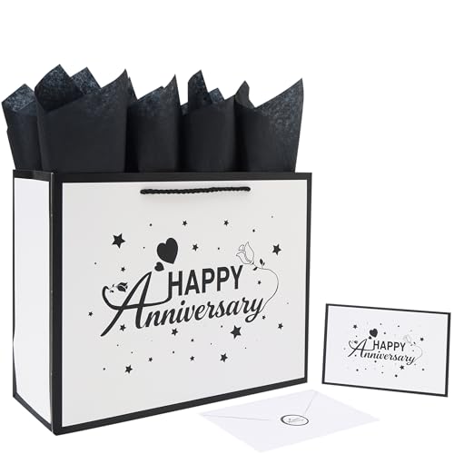 Qirrmiy 13 Large Anniversary Design Gift Bag Set with Handles Greeting Card Black Tissue Papers and Stickers for Women Men Husband Wife Boyfriend Girlfriend or Romantic Anniversary Design 1 Pcs