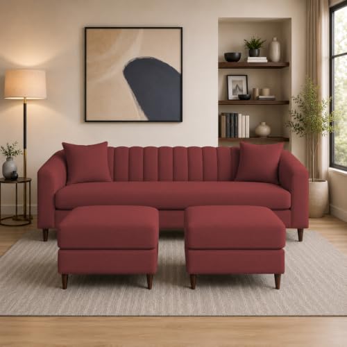 Image of Doraldo 3 Seater Sofa Set with 2 Ottoman for Living Room (Maroon) Premium Fabric Sofa
