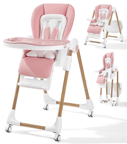 Image of Mallify Foldable High Chairs for Babies and Toddlers, 3-in-1 Convertible Baby High Chair with Removable Soft Cushion and Tray, Adjustable Height & Recline, Lockable Wheels, Pink