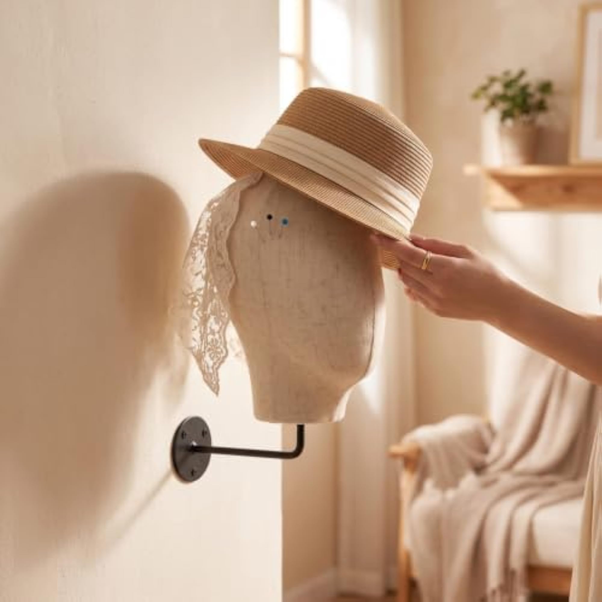 Textile-Covered Wall-Mounted Head Display for Hairpieces
