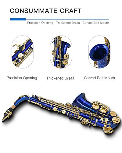 LAGRIMA Bb Alto Saxophone, Brass Body Mother-of-pearl Buttons, Carrying Case, Reed, Mouthpiece, Throat Pad, Neck Strap, Gloves and Cleaning Cloth (Blue)