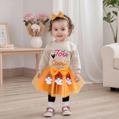 Userdefined Toddler Baby Girl Halloween Outfit Letter Ghost Embroidery Sweatshirt Tulle Skirt Fall Clothes Set2