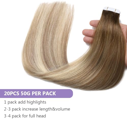 Sindra Tape In Hair Extension 50g 24inch Balayage Ombre Walnut Brown to Ash Brown and Blonde Tape in Remy Hair Extensions 20pcs for Women #3/8/22 24" - Image 3