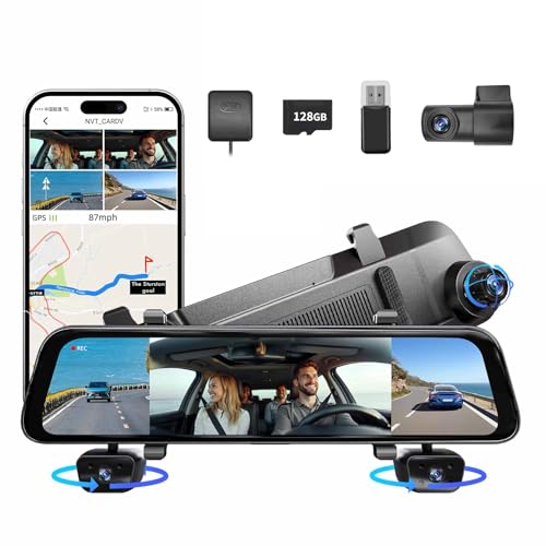 2025 Rear View Mirror Camera, 4 Channel Mirror Dash Cam Front and Rear Inside, 12' Touch Screen 360° Dash Camera for Cars, Wi-Fi, APP, GPS, IR Night Vision Backup Camera, Free 128GB SD Card