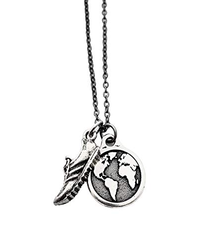 I Run The World Necklace - Pewter Running Shoe Charm and Pewter Earth Charm on 18 inch Gunmetal Chain