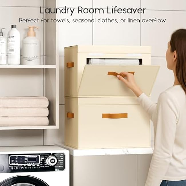 Large Storage Bins with Lids - Front Opening Fabric Storage Bins, Flap Closet Organizer with Handles, Collapsible Boxes with Lid, Decorative Basket for Home, Dorm, 2 Pack, Beige
