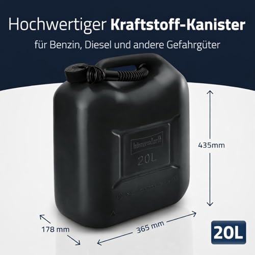 hünersdorff Kraftstoff-Kanister STANDARD 20l für Benzin, Diesel und andere Gefahrgüter, UN-Zulassung, made in Germany, TÜV-geprüfter Produktion, schwarz