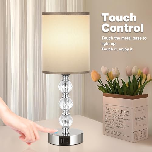 Aooshine Touch Table Lamp, Crystal Grey Bedside Lamps with 3 Way Dimmable, Small Bedside Lamp with USB C+A Charging Ports - Image 3