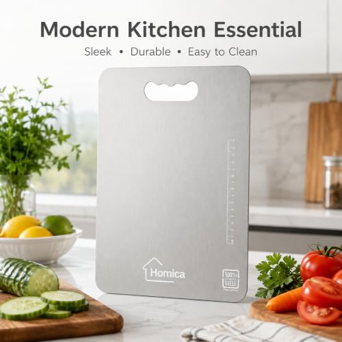 Image of Steel Chopping Board for Kitchen | Heavy-Duty Stainless Steel Kitchen Cutting Board | for Vegetables, Fruits, Meat & Fish | Anti-Skid, Food Safe & Rust Resistant Size 31 * 21 CM