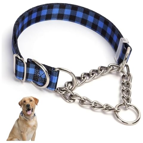 Stainless Steel Chain Martingale Collar for Dogs, No Pull Slip Cinch Choker Choke Collar Training Escape Proof Heavy Duty Dog Collar for Small Medium Large Pet Boy Male Dogs, Blue Plaid M Cover