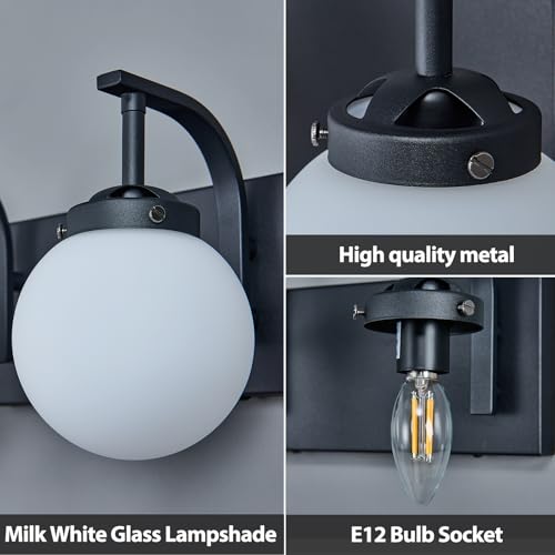 FDPBY 2 Lights Bathroom Vanity Light Fixtures Modern Sand Black Vanity Light with Milk White Glass Globe Shade Bathroom Lighting Over Mirror Wall Sconce for Bedroom Living Room Hallway by FDPBY - Used condition - Image 7