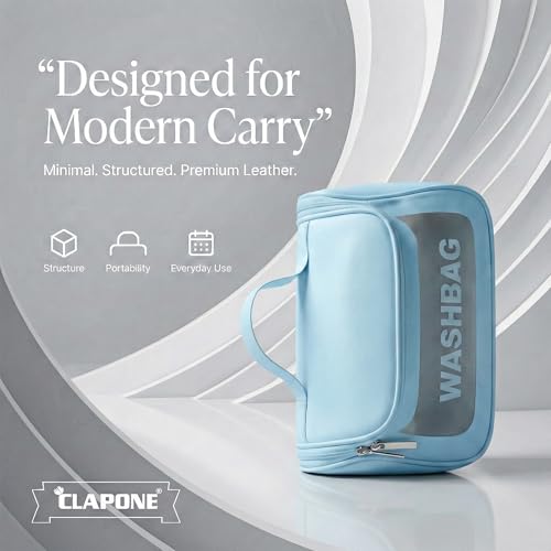 Image of Cosmetic Bag for Women, PU Leather Makeup Pouch, Large Capacity Travel Makeup Organizer with Divider & Handle, Waterproof Portable Vanity Storage Bag for Toiletries (Washing Bag-Blue)