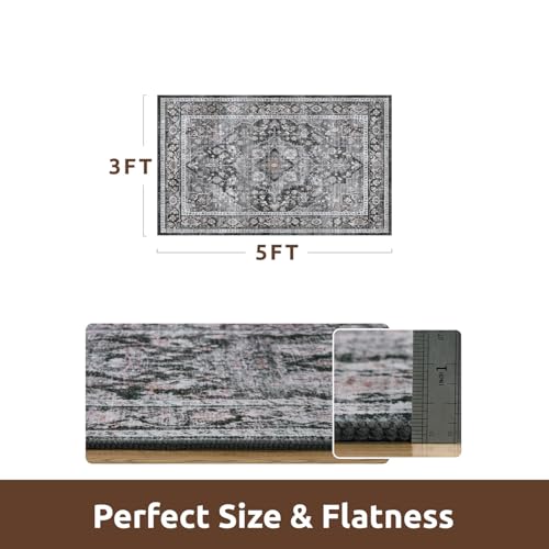 AMOAMI-3X5 Area Rug-Soft Washable Rugs for Living Room Bedroom -Non Slip Entryway Rug-Indoor Vintage Throw Rug Accent Rug for Living Room Laundry Room Kitchen Bathroom Bedside Dark Grey & Black