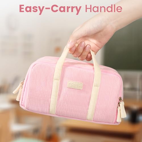 Image of Sooez Large Pencil Case Pouch, Extra Big Pencil Bag with 5 Compartments, Pen Case Wide Opening, Soft Corduroy Pen Bag Organizer with Zipper, Cute Aesthetic School Supplies for Teen Girls, Pink