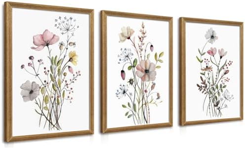 WRFON Wood Framed Pink Wildflower Canvas Wall Art, Minimalist Wat...