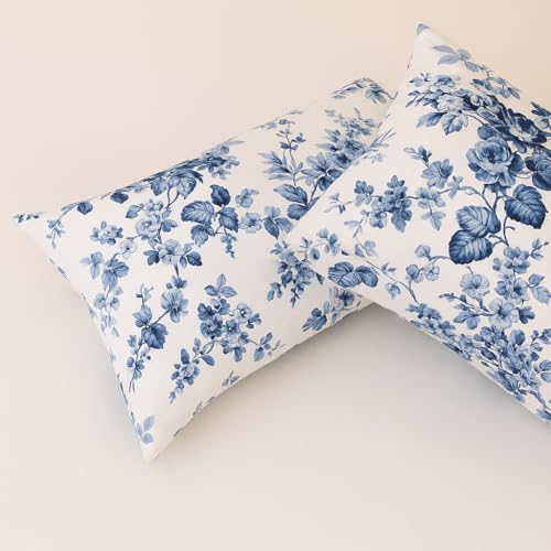 Bed Sheets - Brushed Microfiber Flat Sheet & Pillowcase Set - Breathable, Wrinkle, Fade Resistant & Cooling - King Size - 108x108 Inch - Blue Floral Bliss