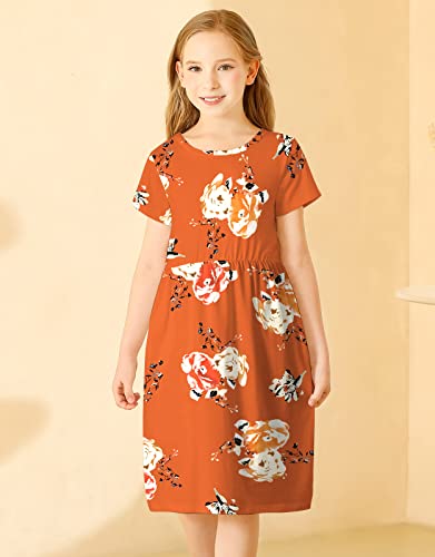 KYMIDY Girls Short Sleeve Floral Dress Kids Boho Casual Twirly Skater Dress with Pockets for Girls 6-13 Years3
