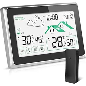 Draadloos weerstation met buitensensor; weersvoorspelling, thermometer, draadloos weerstation, digitale klok, lcd-touchscreen, DCF-radioklok voor temperatuur- en vochtigheidsbewaking, binnen en buiten