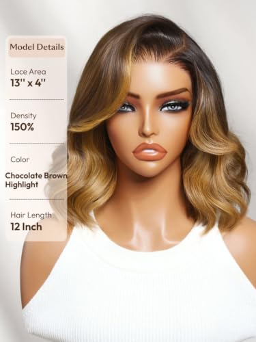 Image of Beauty Forever Glueless Bob Wig Human Hair 13x4 HD Lace Front Body Wave Drawstring Wig Chocolate Brown with Golden Highlights Pre Plucked Pre Cut French Bob 150% Density Ready to Wear 10inch