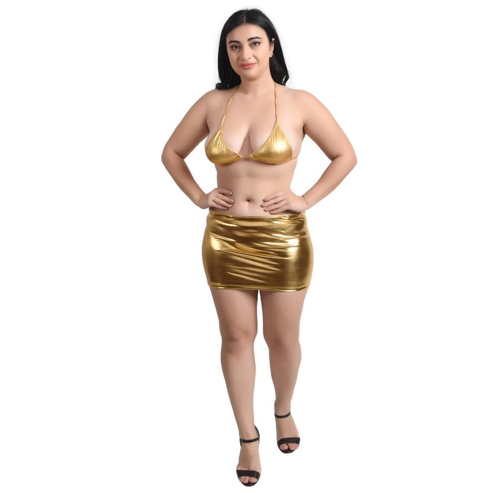 Metallic Gold Halter-Neck Bikini Bra Top and Bodycon Micro-Mini Skirt Co-Ord Set-image-19