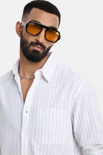 Image of SNITCH Men Semi-Formal Shirt | Modern Slim Fit Full Sleeve Point Collar Vertical Stripe Pattern | Cotton Blend Stretch Fabric for Office & Business Casual Wear