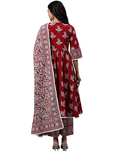 Image of Amayra Women's Rayon Printed Maroon Anarkali Kurta with Palazzos and Dupatta Set