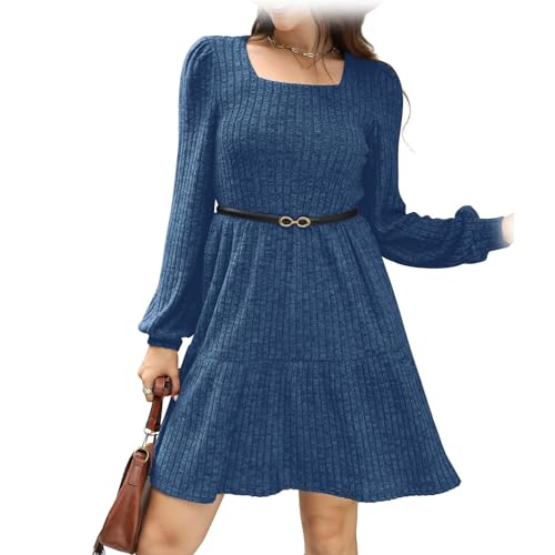 Vestido de suéter Casual para Mujer, Vestido de suéter de Punto para Mujer, Vestidos de Manga Larga para Mujer, Vestidos de otoño de Manga Larga con Cuello Cuadrado para Mujer (Azul,XXL)